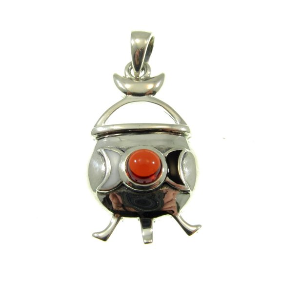 Solid 925 Sterling Silver Magickal Witch's Cauldron Pendant with Gemstone - Picture 6 of 8